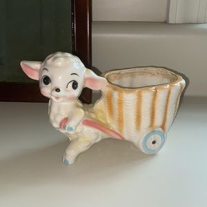 Vintage Lamb with Basket Porcelain Planter Mid Century Modern Cute Anamorphic